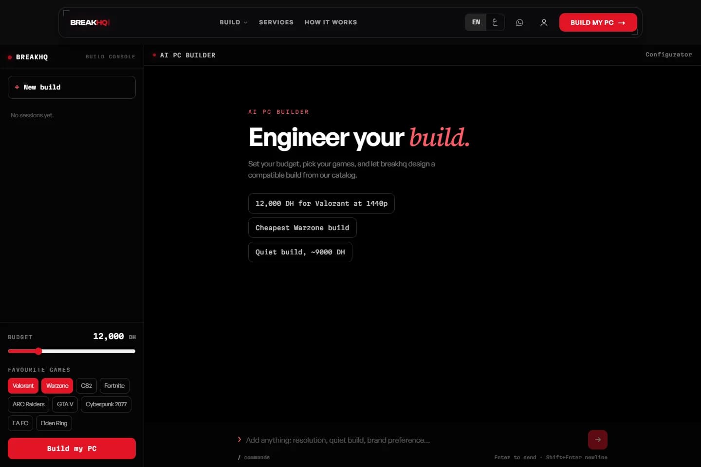Console AI PC Builder : budget, usages et requête