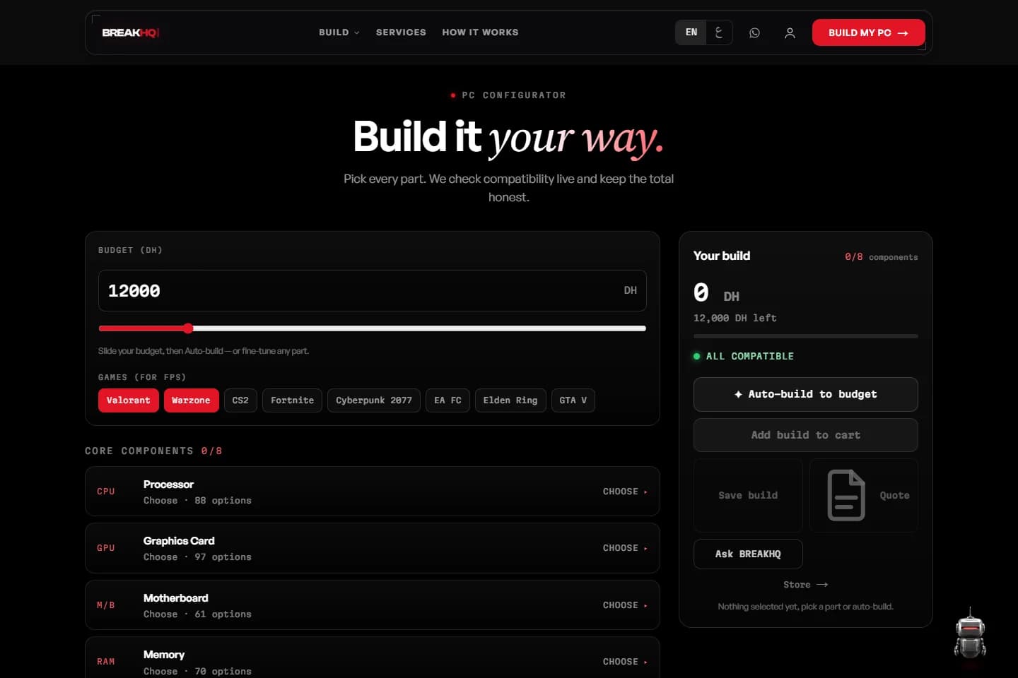 Configurateur manuel et sélection des composants